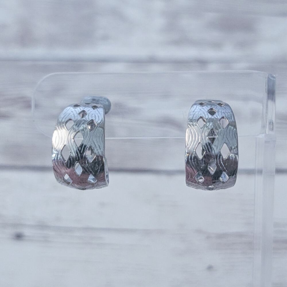 Vintage Clip On Earrings Silver Tone Cut Out Design Hoops with Pattern